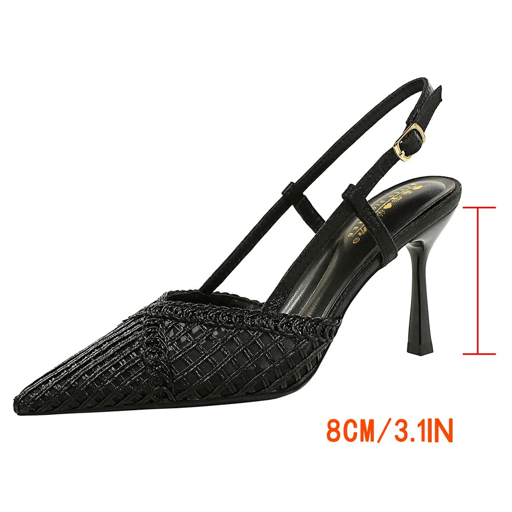 BIGTREE Shoes Hollow Woven Mesh Women Pumps Pointed Tip Stiletto High Heels 8 cm Buckle Heeled Sandals Women Summer Ladies Heels