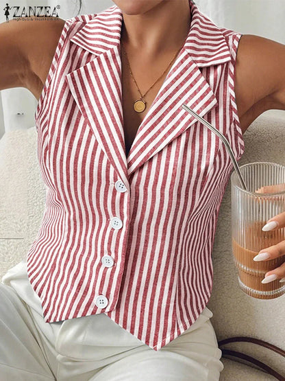 ZANZEA Womens Fashion Striped Waistcoat 2025 Summer Elegant Lapel Sleeveless Vests Tops Commute Office Lightweight Tank Tops
