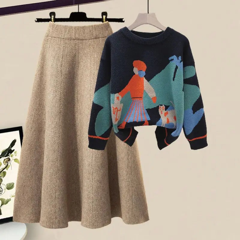 2024 Winter New Cartoon Printed Knitted Sweater Pullover Slim Fit Knitted Skirt Two Piece Elegant Women's Party Dress