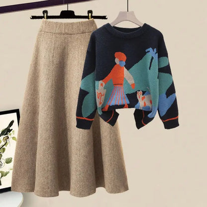 2024 Winter New Cartoon Printed Knitted Sweater Pullover Slim Fit Knitted Skirt Two Piece Elegant Women's Party Dress