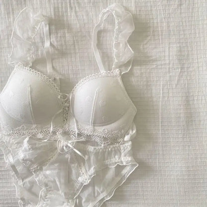 Japanese Kawaii Lingerie Set Small Chest, Sweet Heart Print Wireless Bralette & Panty Set Comfortable Anti-Sagging Bra for Women