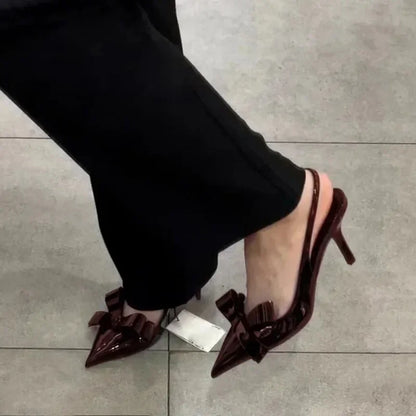 Luxury Designer Pointed Toe Women Pumps Sexy Bow Back Strap Heeled Sandals Elegant Thin High Heels Banquet Dress Shoes for Women