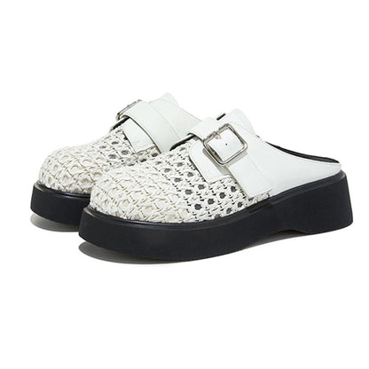 High Quality Leather Mesh Mules Slippers Women Openwork Design Wedge Heeled Sandals for Girls Summer Comfortable Beach Shoes
