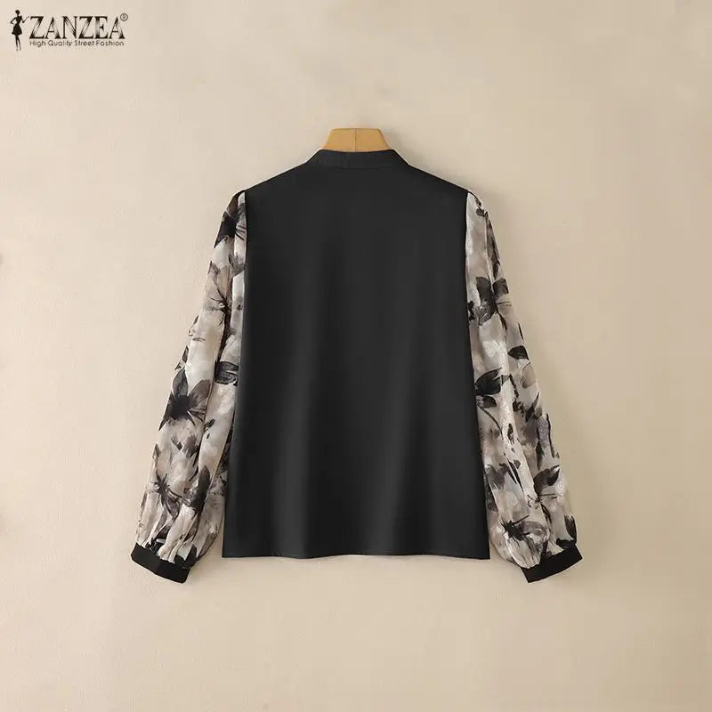 ZANZEA Summer Woman Vintage Blouses Mandarin Collar Floral Printed Puff Sleeves Bows Detail Tunic Tops Casual Blusas de Mujer