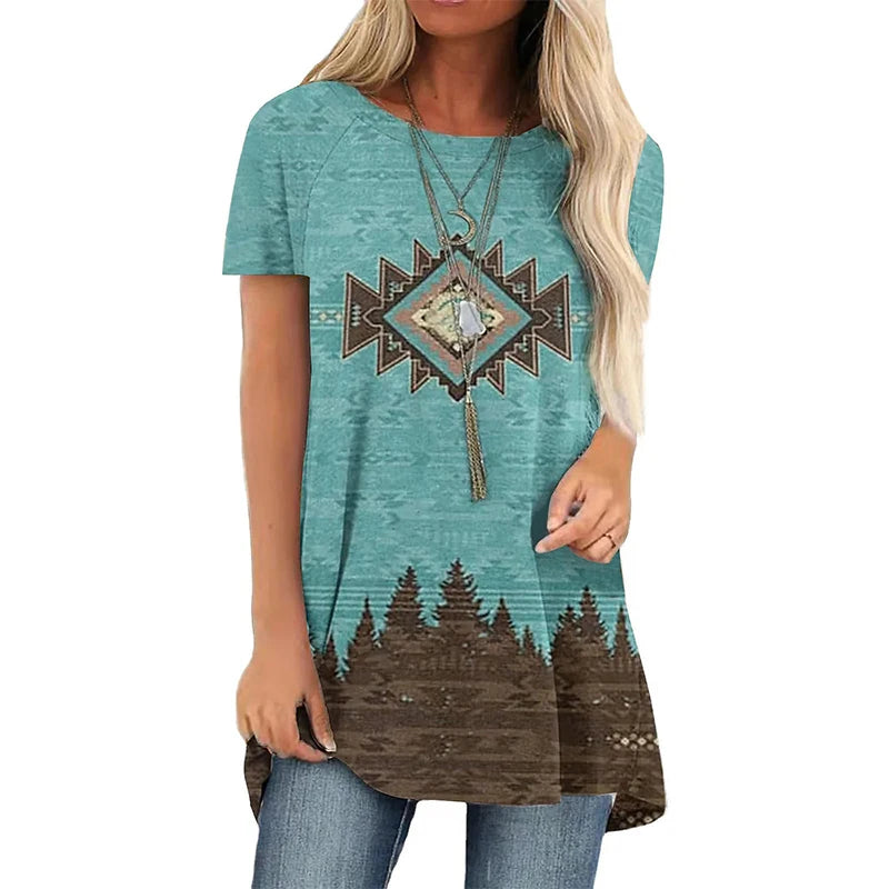 Western Ethnic Style T-shirt 3D Print Geometry Streetwear Women Retro Tunic T Shirts Y2K Tops Tees Woman Girl Oversized Clothing