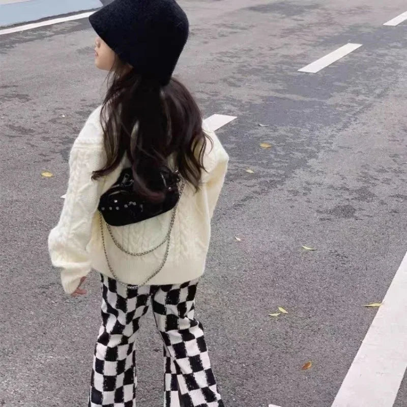 New Girls' Spring Fall Lined Checkered Flared Pants Thickened Thermal Playwear for Kids