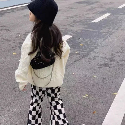 New Girls' Spring Fall Lined Checkered Flared Pants Thickened Thermal Playwear for Kids