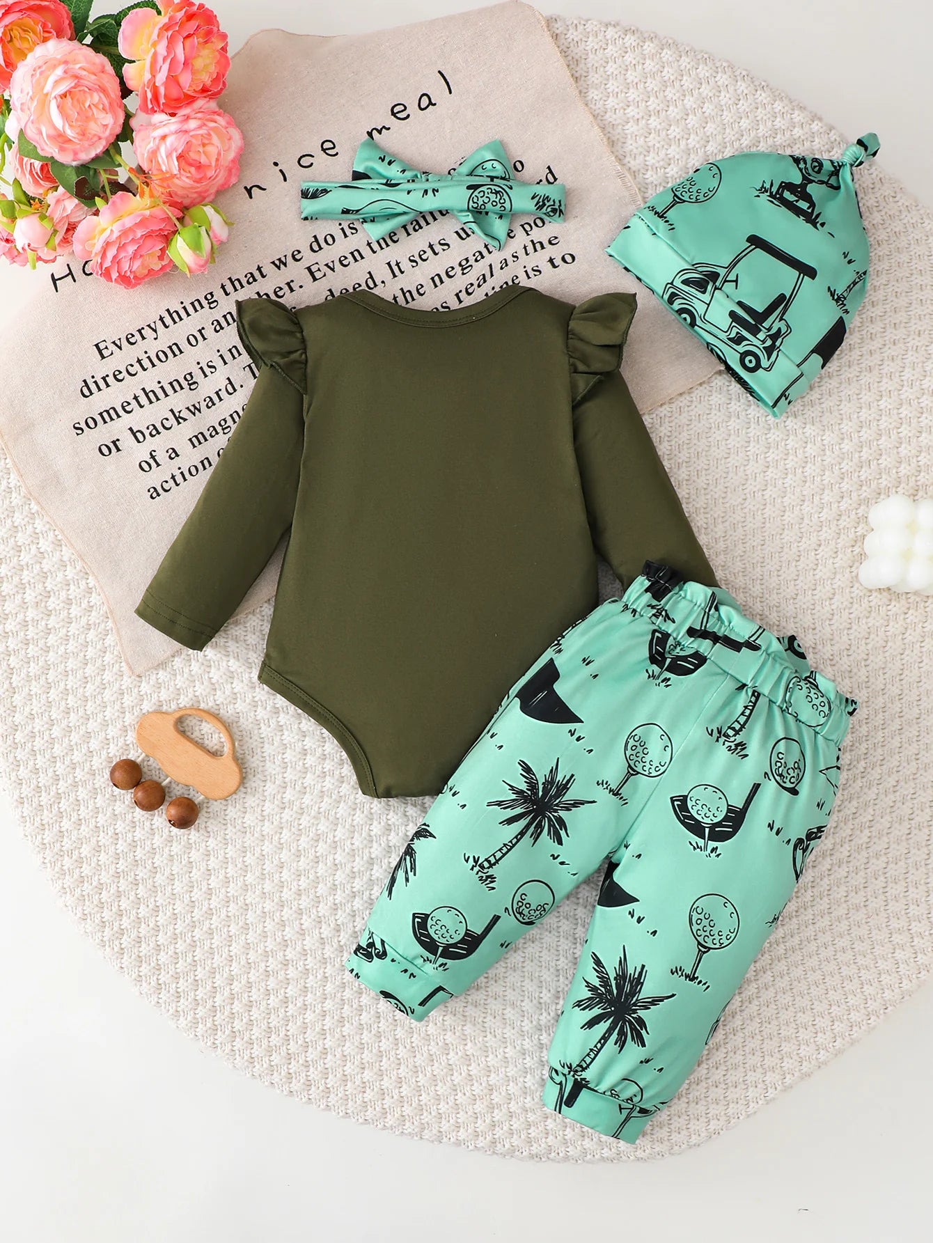 Baby Girl Long Sleeve Romper Set with Pants And Hat Three-Piece Casual Outfit Spring Autumn Fashion Print Design