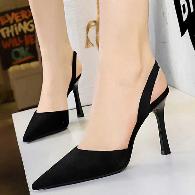 BIGTREE Shoes Women Sandals Stiletto Heels 9 cm Suede High Heels Women Summer Shoes Hollow Out Back Strap Sandals Party Shoes