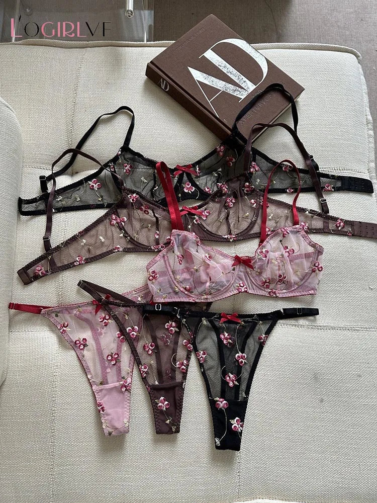 Logirlve Sexy French Ultra Thin Lace Embroidery Women Lingerie Set Underwire Push Up Bras Breathable Underwear and Panties Set