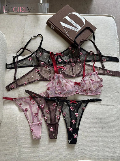 Logirlve Sexy French Ultra Thin Lace Embroidery Women Lingerie Set Underwire Push Up Bras Breathable Underwear and Panties Set