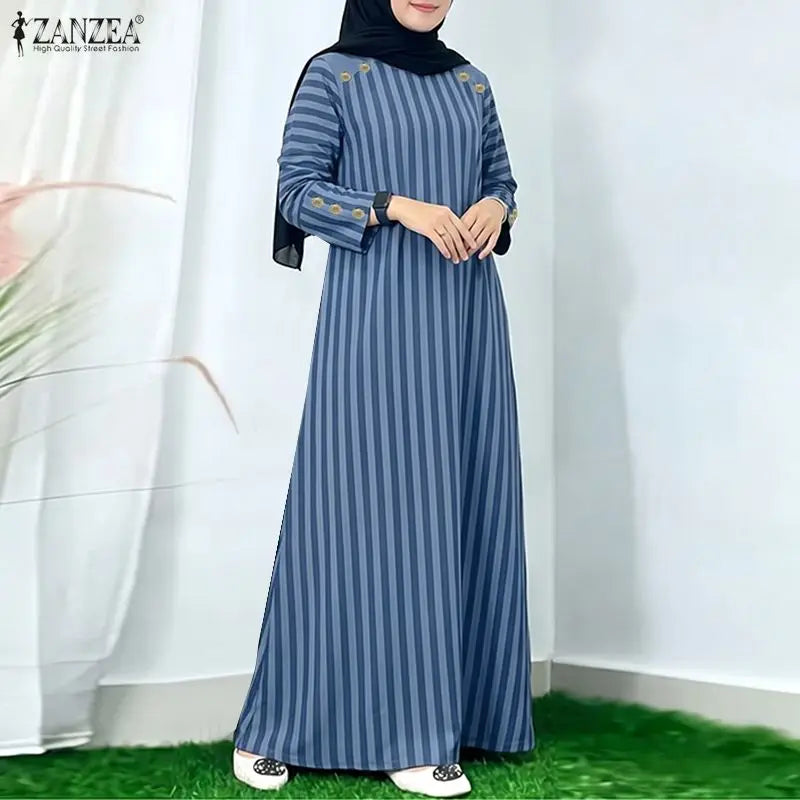 Ramadan Abaya Muslim Dress ZANZEA Women Striped Maxi Dresses Elegant O Neck Long Sleeve Pleated Sundress Robe Casual Kaftan