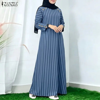 Ramadan Abaya Muslim Dress ZANZEA Women Striped Maxi Dresses Elegant O Neck Long Sleeve Pleated Sundress Robe Casual Kaftan