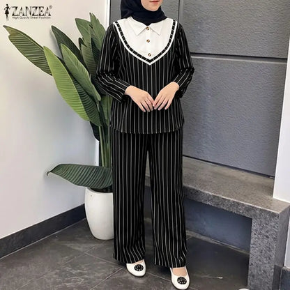 ZANZEA Women Muslim Sets 3/4 Sleeve Stripe Patchwork Turn Down Collar Blouse Elastic Waist Wide Leg Pants Office Wear 2 Pieces