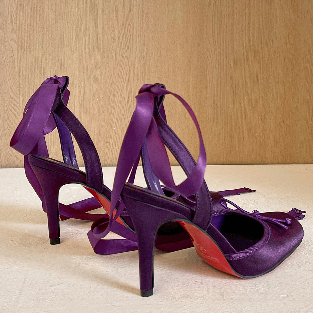 BIGTREE Shoes Square Toe High Heels Silks Satins Women Pumps Stiletto 9 cm Heels Bowknot Strap High-Heeled Sandals Women Summer