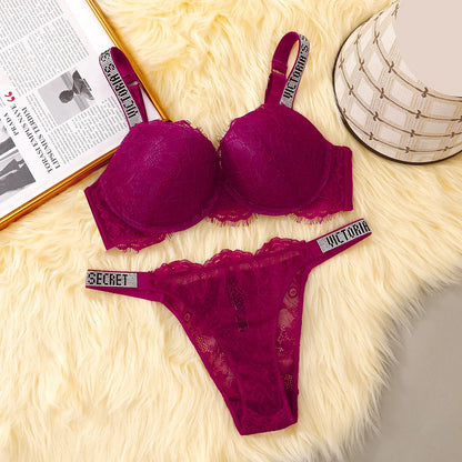 Victoria Secret Sexy Lingerie Set Very Sexy Eyelash Lace Fringe Trim Push Up Bra Shine Script Thong Panty Women