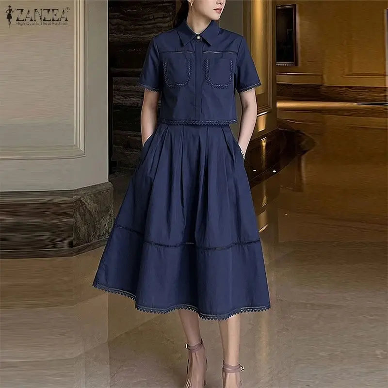 ZANZEA Women's Summer Lace Patchwork 2-Piece Sets Collared Short Sleeve Cropped Blouse & A-Line Midi Skirt Suits Commute Outfit
