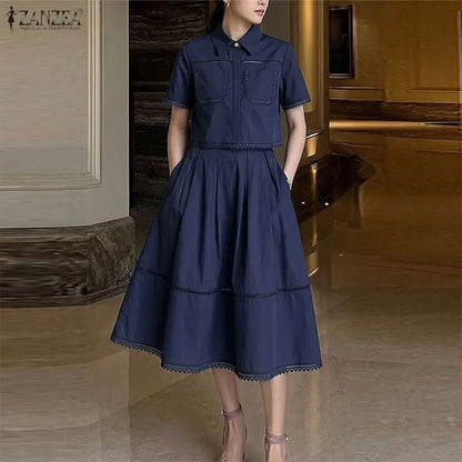 ZANZEA Women's Summer Lace Patchwork 2-Piece Sets Collared Short Sleeve Cropped Blouse & A-Line Midi Skirt Suits Commute Outfit