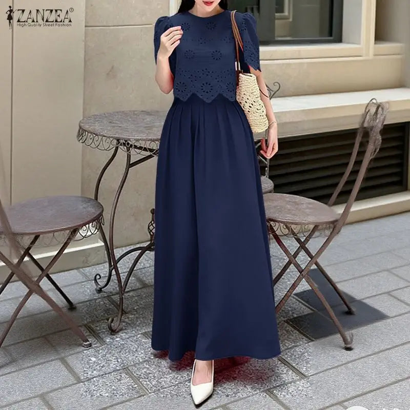 ZANZEA Women's Summer Casual Skirt Suits Openwork Embroidered Short Sleeve Tops and A-Line Long Skirts 2 Pieces Sets Outfits 3XL