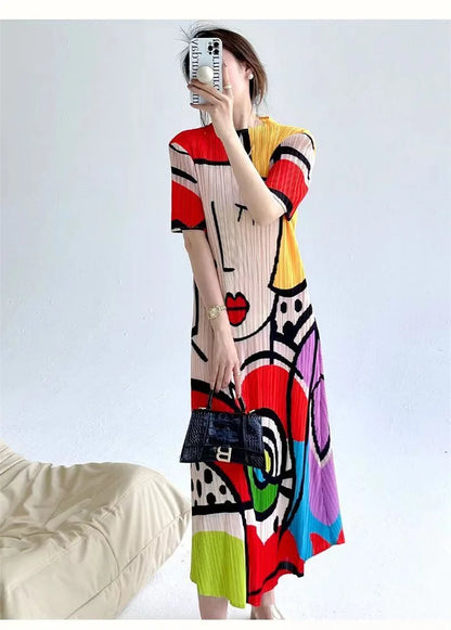 Long Dresses Womens Dresses Spring and Summer new Cartoon Printing Short Sleeve Temperament Fashion Loose Long Dress Female