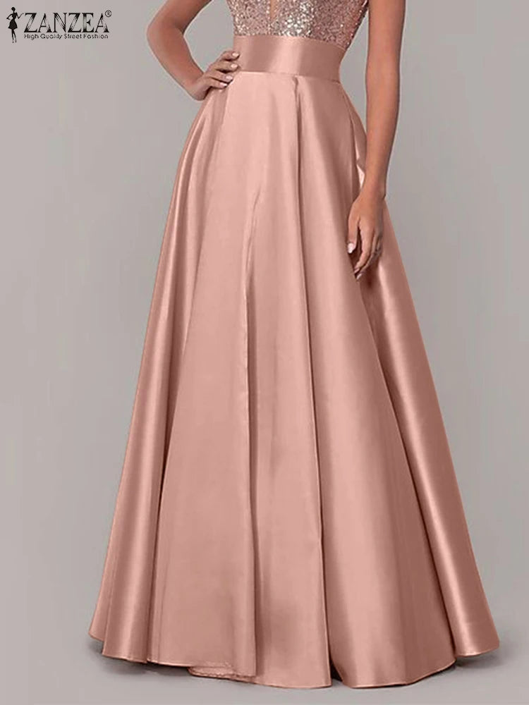 2026 ZANZEA Fashion Satin Party Skirts Elegant High Waist Jupe Maxi Vestidos Women Sundress Female A-line Faldas Saia Oversize