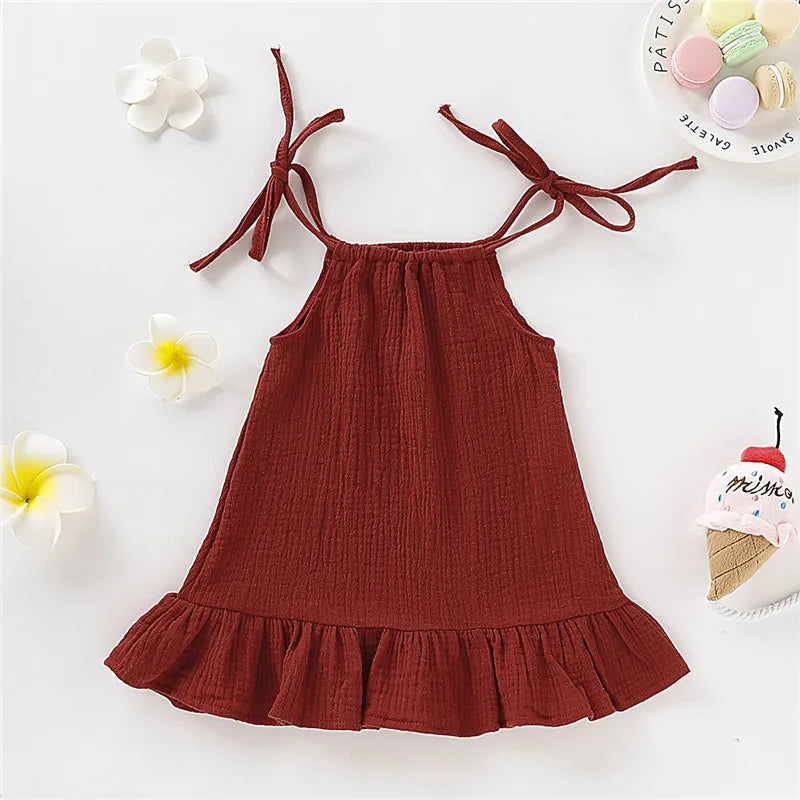 1-5 Years Old Kid Girl Summer Breathable Cotton Slip Dress Adjustable  Solid Color Halter Dress Toddler Girl Holiday Beachwea