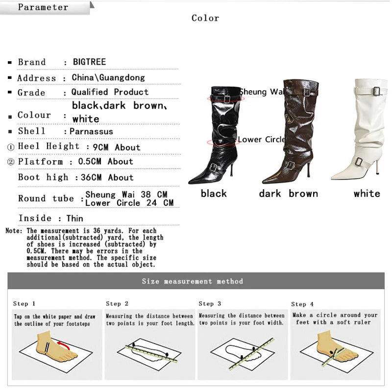 BIGTREE Shoes Sexy Stiletto Women Knee High Boots Pointed High-heeled Boots Belt Buckle Design Long Boots Pleated Leather Boots