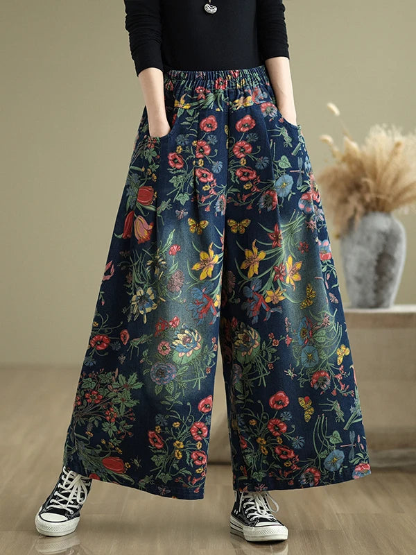 plus Size Denim Wide Leg Pants New Print Elastic Loose Slimming Casual Versatile Straight Cut Denim Pants Commute Sle Cotto...