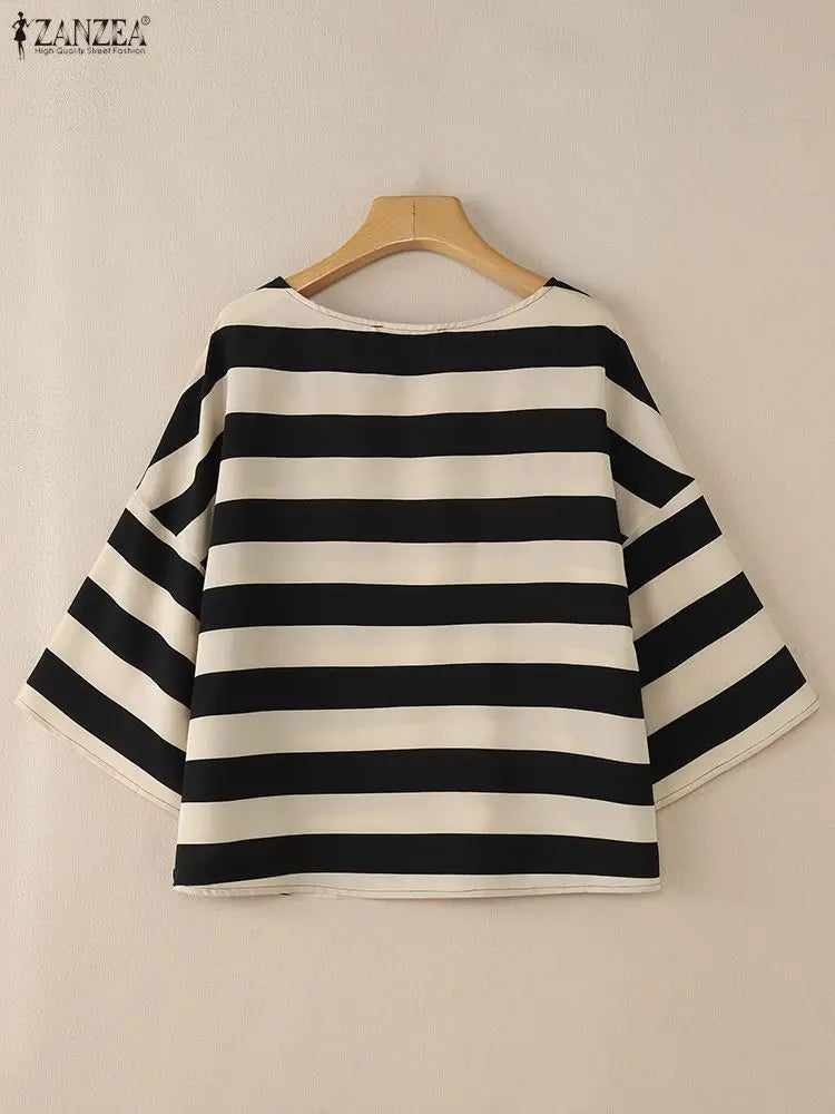 ZANZEA Oversize Contrast-Color Striped Blouses Women Casual Boatneck Drop-Shoulder 3/4 Sleeve Loose Tops Woman Clothes S-3XL