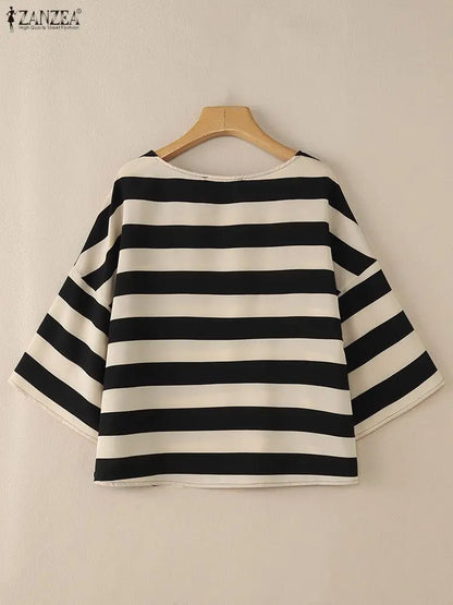 ZANZEA Oversize Contrast-Color Striped Blouses Women Casual Boatneck Drop-Shoulder 3/4 Sleeve Loose Tops Woman Clothes S-3XL