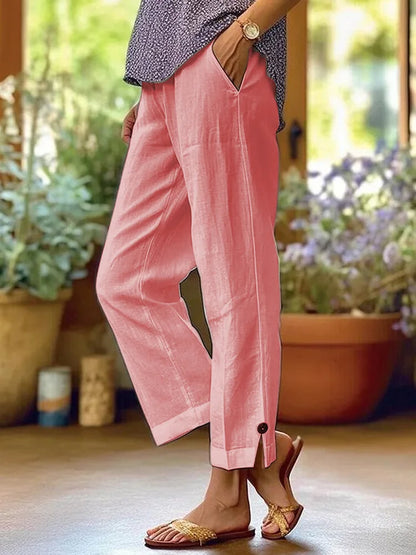 Women's Casual Pants Cotton and Linen Blend Elastic Waist Pocket Fashion Simple Slit Button Basic Versatile Straight Leg Pants