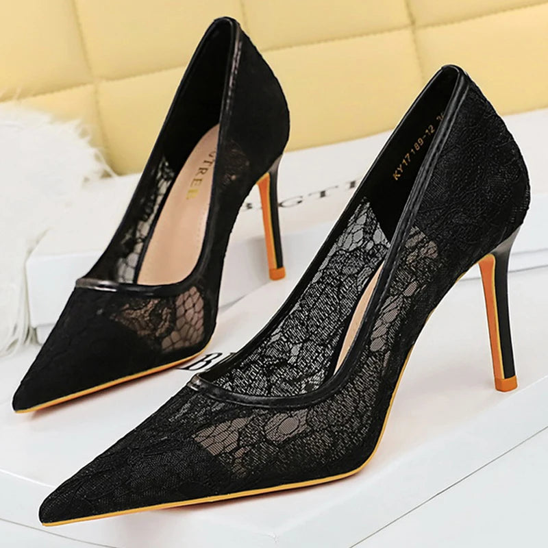 BIGTREE Shoes Women Pumps Black Lace High Heels Sexy Party Shoes 9 cm Stiletto Heels Nightclub Banquet Shoes Women Heels Size 43