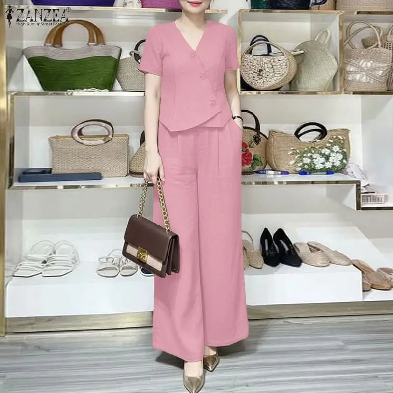 ZANZEA Women's Elegant OL Pant Sets Asymmetric Front Short Sleeve Tops & Wide Leg Pants 2 Pieces Sets Outfit Woman Trouser Suits