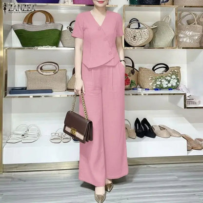 ZANZEA Women's Elegant OL Pant Sets Asymmetric Front Short Sleeve Tops & Wide Leg Pants 2 Pieces Sets Outfit Woman Trouser Suits