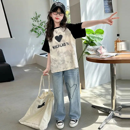 Big Girls Summer T-Shirt Raglan Sleeve Casual Tee Fresh Sweet Fashion Top New Arrival Short Sleeve for Kids Daily Outfit