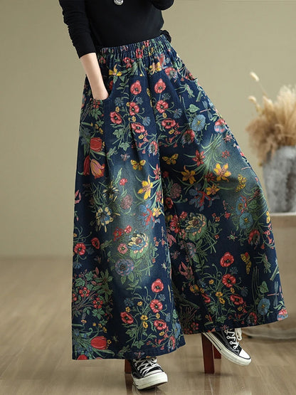plus Size Denim Wide Leg Pants New Print Elastic Loose Slimming Casual Versatile Straight Cut Denim Pants Commute Sle Cotto...
