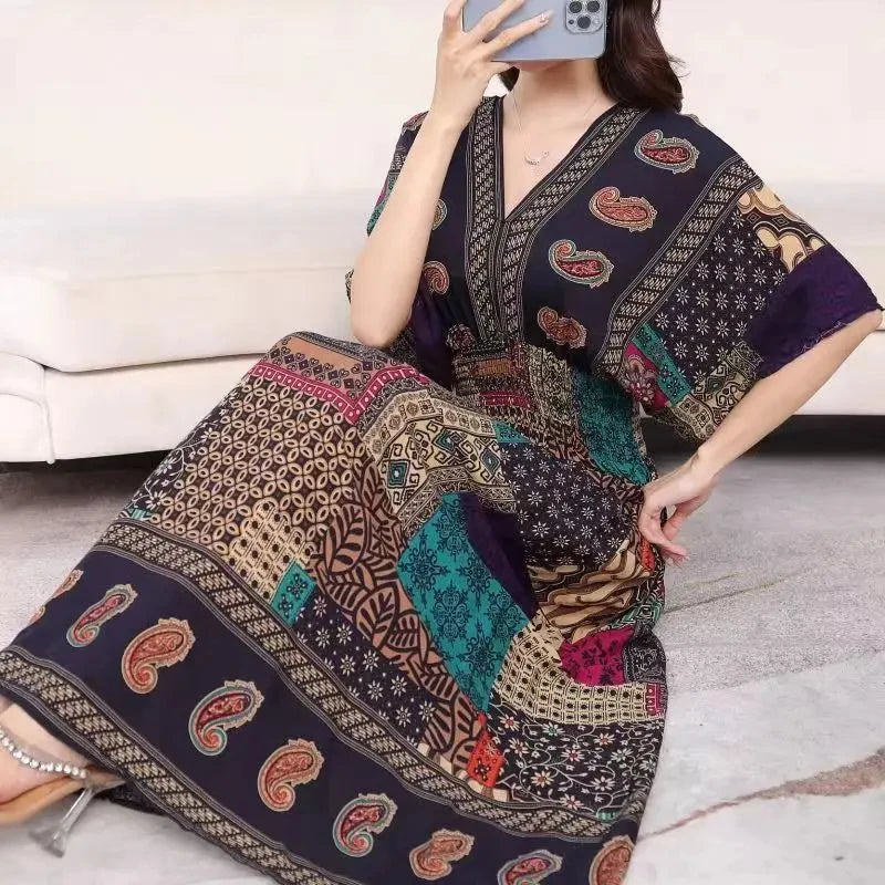 Casual Elegant Retro Bohemian National Style V-neck Elastic  Waist Large Swing Printed Summer Long Skirt Woman Dress Clothes