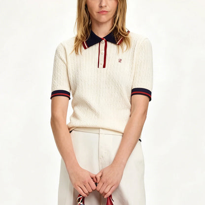 CH Solid Color Embroidered Knit Polo Shirt Women Elegant Short Sleeve Ribbed Trim Office Casual Tops