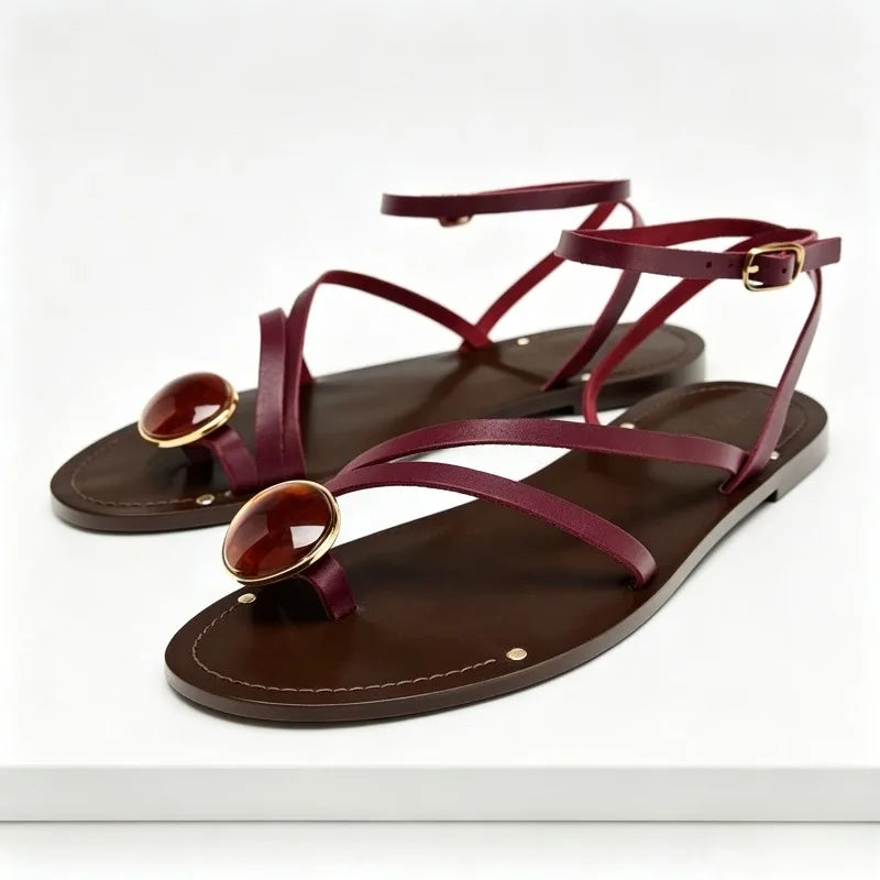 Luxury Rhinestone Decoration Brand Flat Sandals Women Fashion Ankle Strap Metal Buckle Designer Shoes Sexy Clip Toe Flip Flops