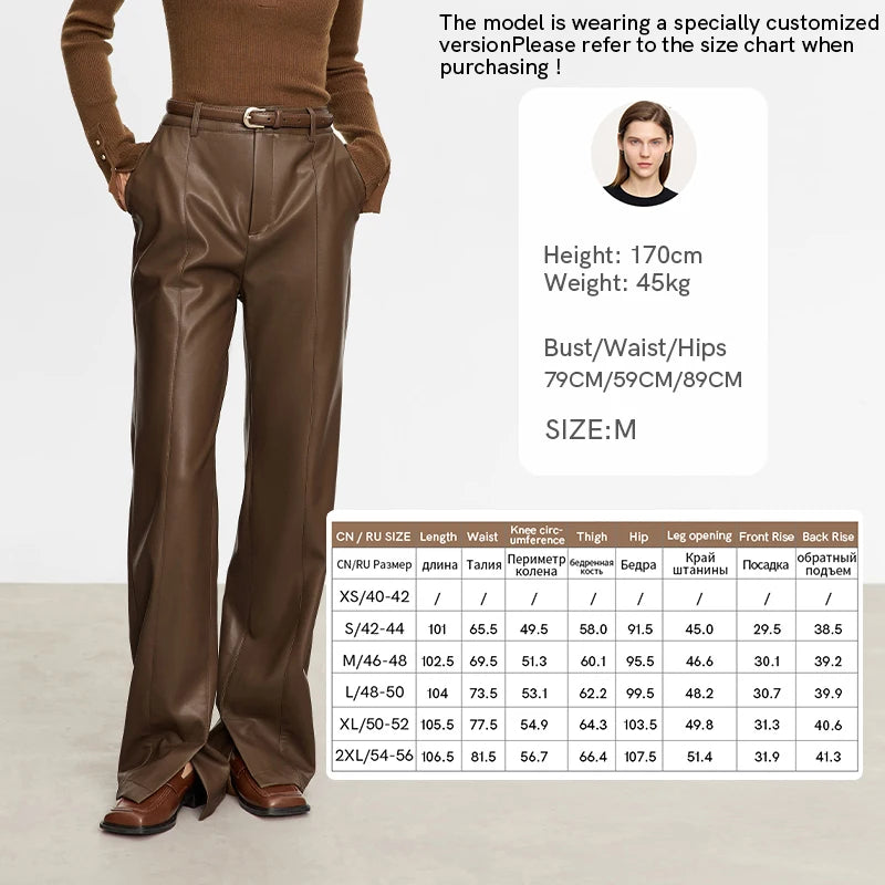 AMII Minimalist PU Leather Casual Pants for Women 2025 Autumn New Loose Floor Length Straight Slit Female Trousers 12343250