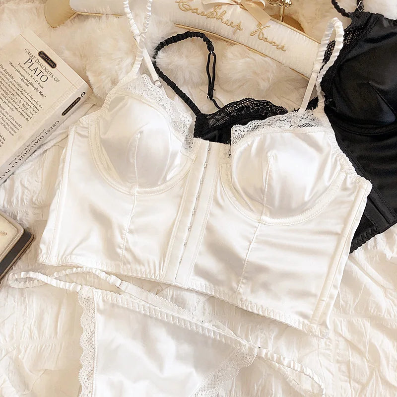 Summer Women Lingerie Set French Sexy Lace Ultra Thin Bra Set Silk Fabric Comfort Adjustable Strap Bralette Thongs Underwear Set