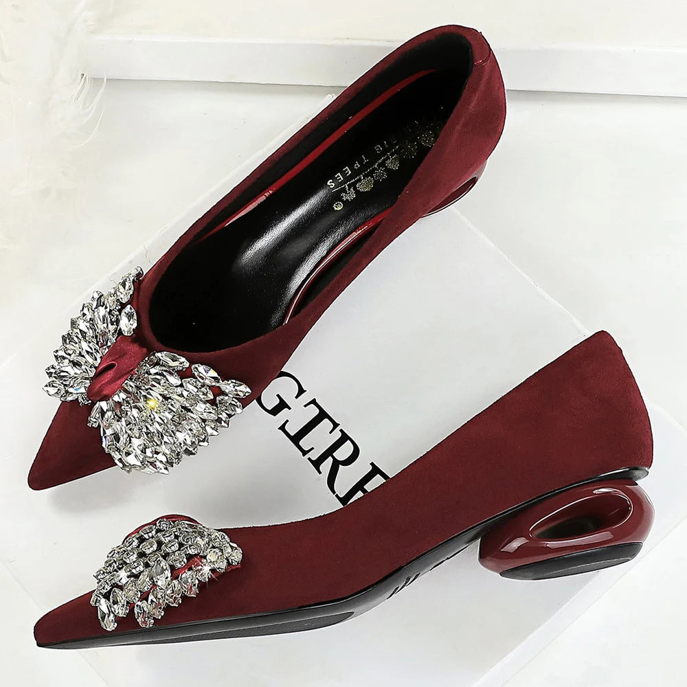 BIGTREE Shoes Rhinestone Bow Low Heeled Women's Shoes Hollow Heel Design Women Pumps Professional Suede Office Shoes Fashion
