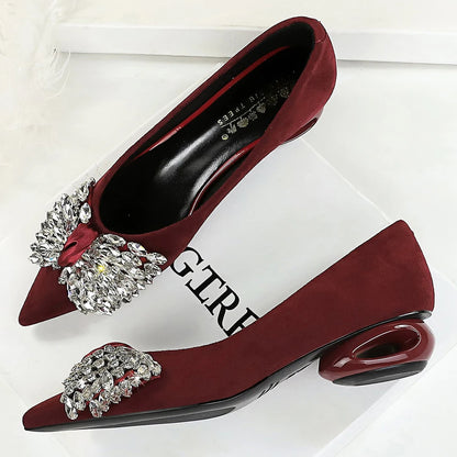 BIGTREE Shoes Rhinestone Bow Low Heeled Women's Shoes Hollow Heel Design Women Pumps Professional Suede Office Shoes Fashion