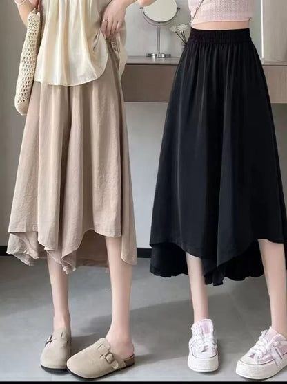 Summer New Style Thin Loose Wide Leg Seven-Quarter Skirt for plus Size Women Casual High Waist Pants Skirt Asymmetrical