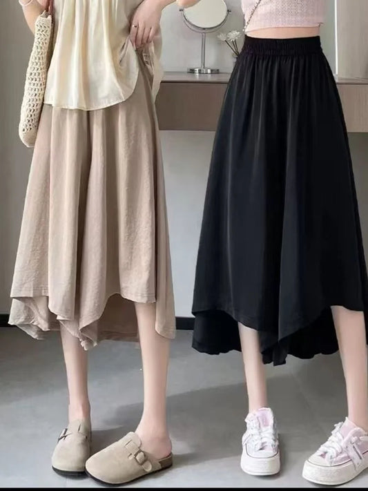 Summer New Style Thin Loose Wide Leg Seven-Quarter Skirt for plus Size Women Casual High Waist Pants Skirt Asymmetrical
