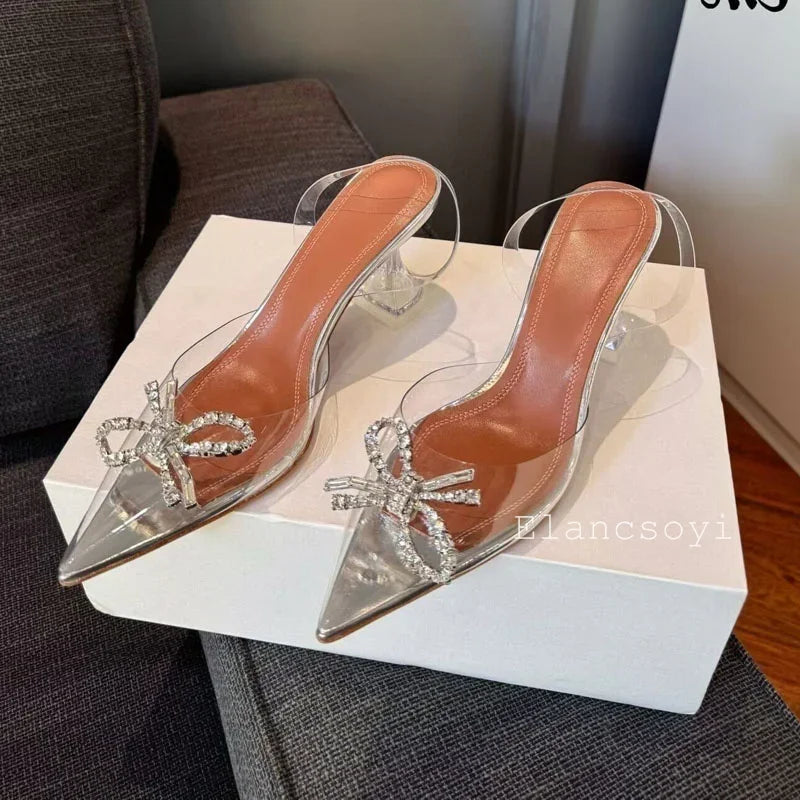 Summer Crystal Flower High Heels Women Transparent PVC Cup Heels Sandals Pointed Toe Back Strap Sandalias Sexy Party Dress Shoes