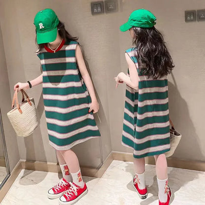 Striped Long T-shirt Children's Stylish Sleeveless Dress Vest Skirt Kids Girls Dresses 10 12 Years Old Teenager Elegant Sale 6 8