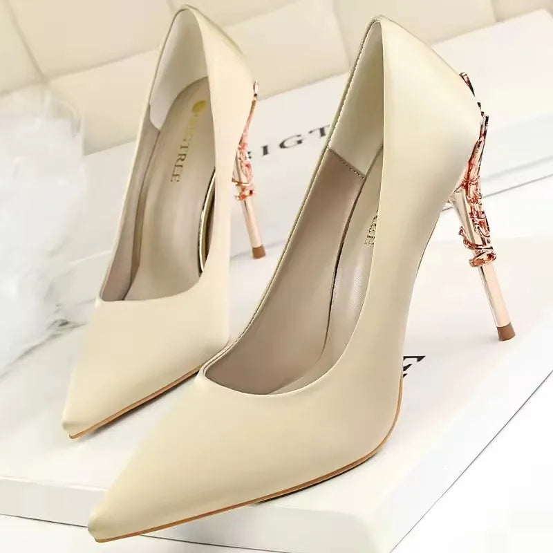BIGTREE Shoes Women Pumps Flower Carved Metal Heel Women Shoes Fashion Wedding Shoes Satins Stilettos Heels 10 Cm High Heels