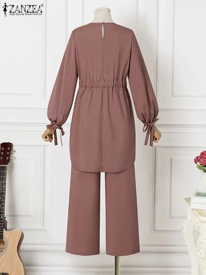 ZANZEA Muslim Women Matching Sets Long Sleeve Solid Color Tops And Loose Pant Suits Elegant Fashion Casual Tracksuit Kaftan 2025