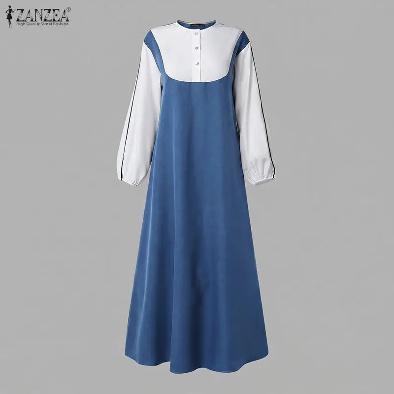 Women Patchwork Muslim Abaya Dress ZANZEA Ramadan Robe Stylish O Neck Long Sleeve Loose Sundress Casual Kaftan IsIamic Clothing